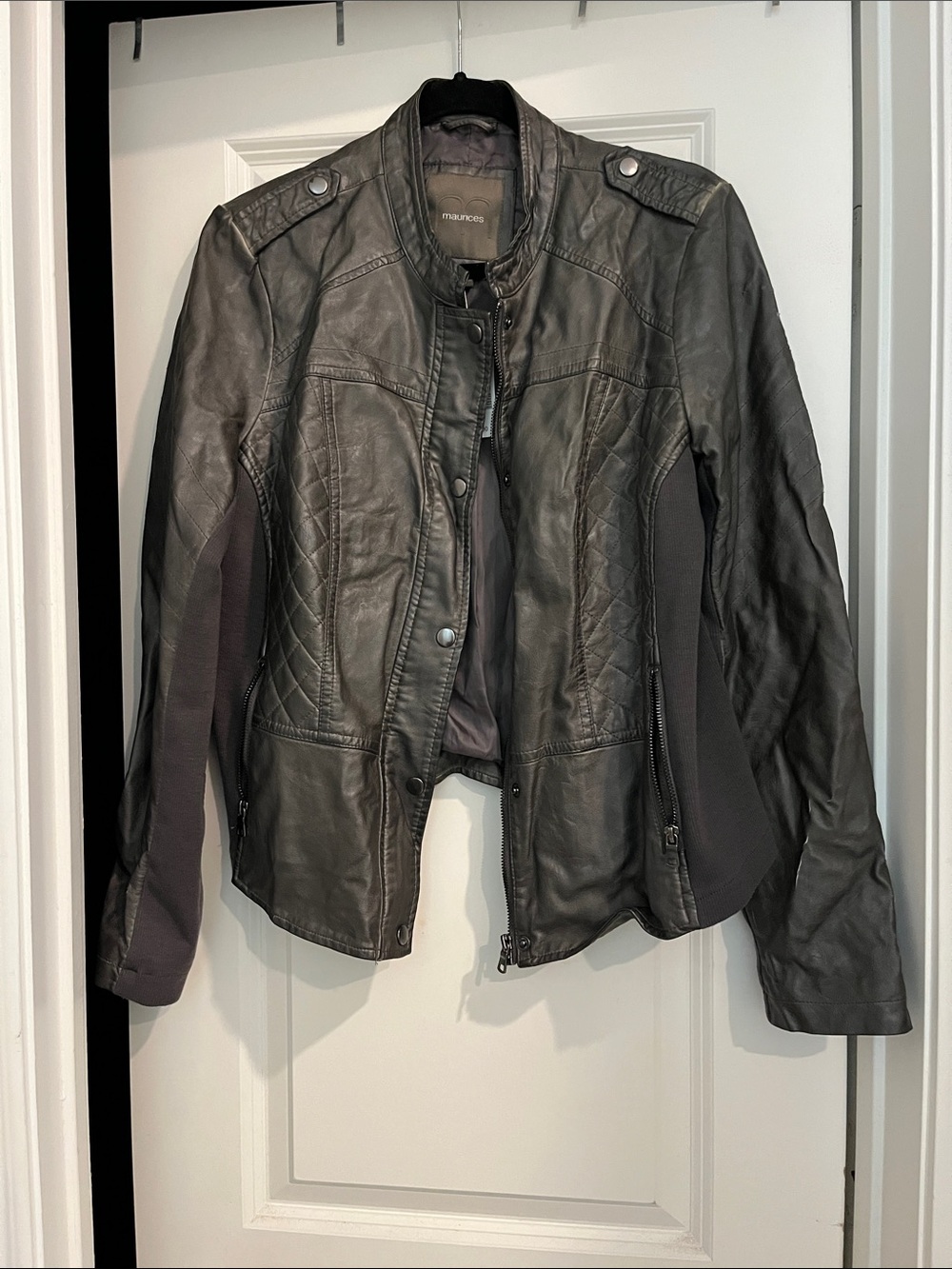 Maurices Charcoal Black Faux Leather Moto Jacket with Knit Panels